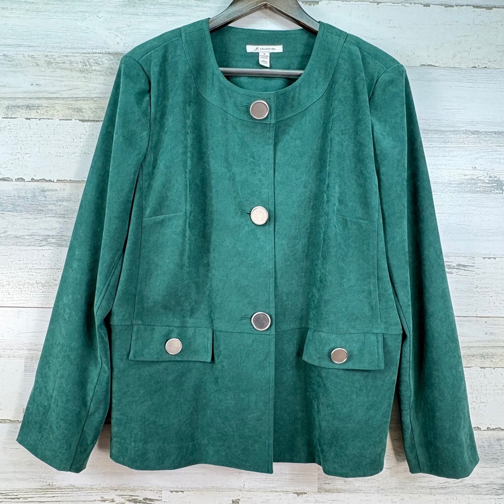 JM Collection Womens‎ Forest Green Faux Suede Button Front Jacket Size 16 Blazer
